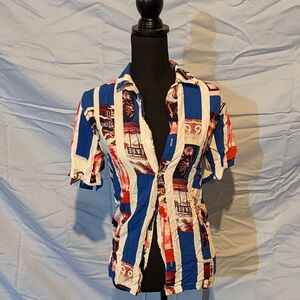 Blue and Red Striped Button-Up Shirt